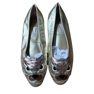 AJ Valenci Ballet Flats Women Gold Metallic Leather Leopard Cat Face SIZE 6.5M
